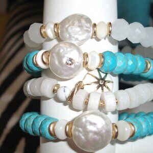 CHICO'S SET OF 4 NEW FAUX STRETCH TENNIS BRACELETS TURQUOISE & WHITE NEW